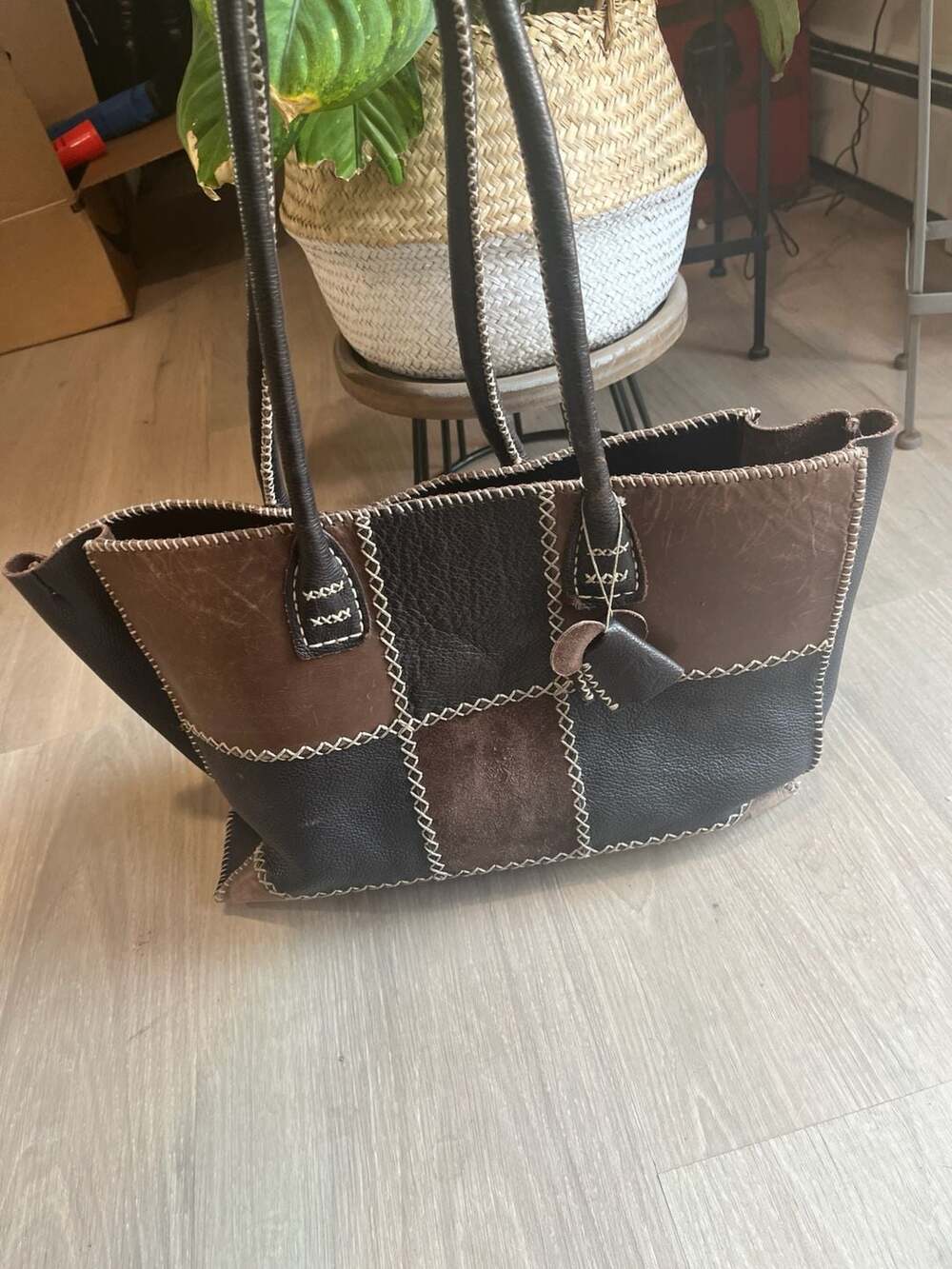 Large Dark Brown Leather Bag for the Weekend. Mix of Patchwork Style Leathers. W
